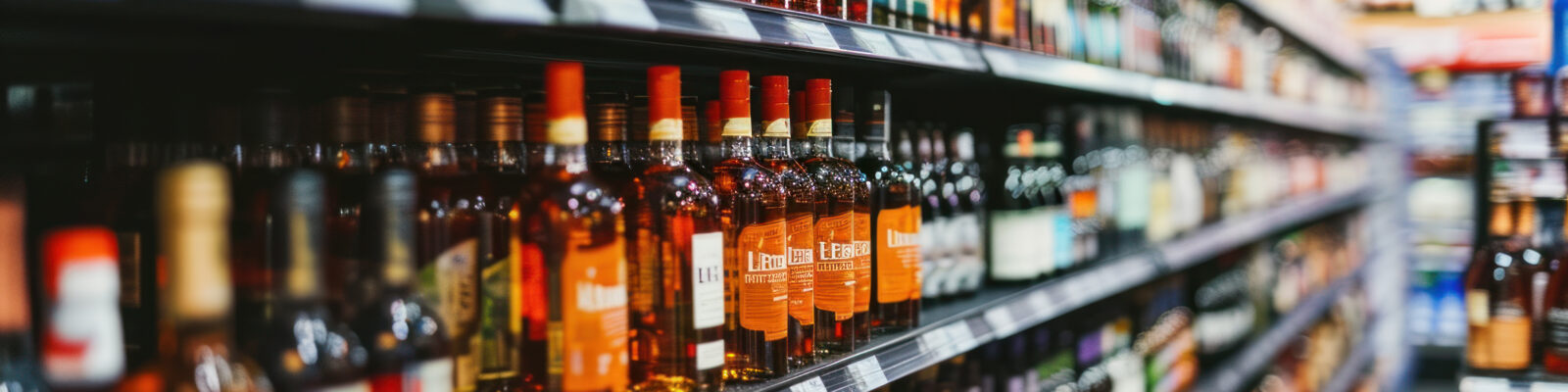 Rows of alcohol bottles on shelf in supermarket